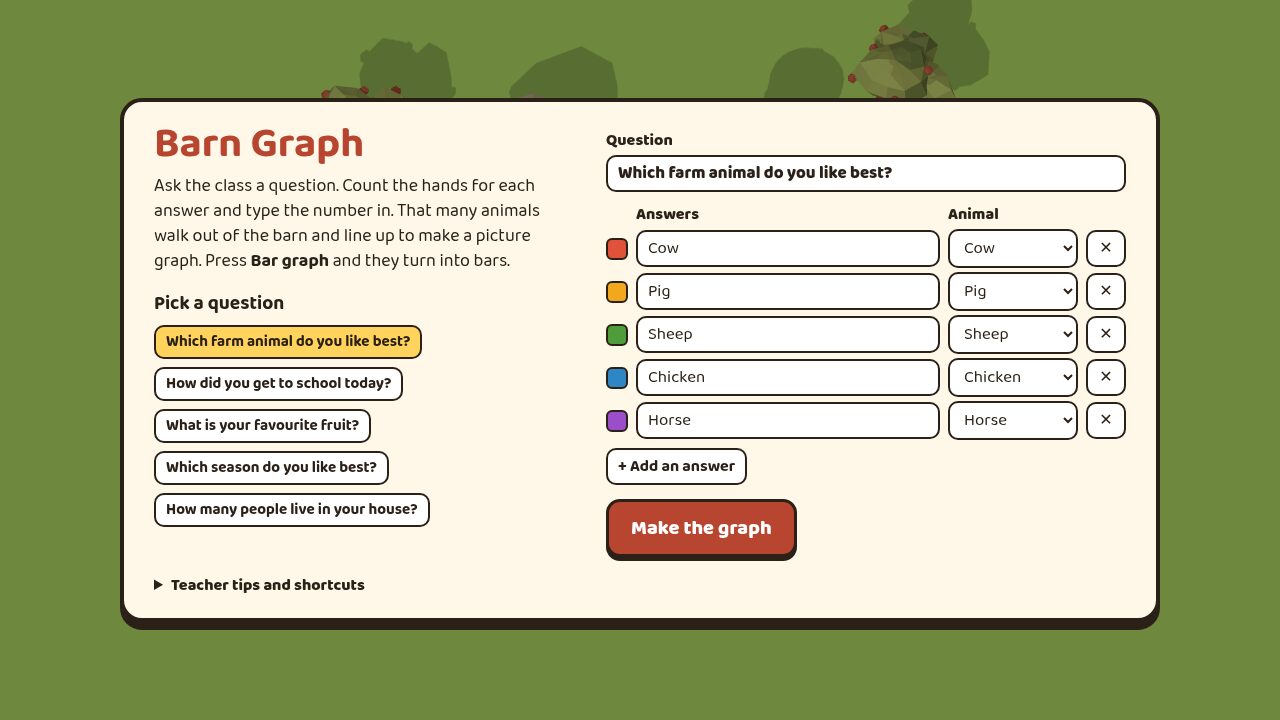 Setup menu: pick a question, the answers and an animal for each