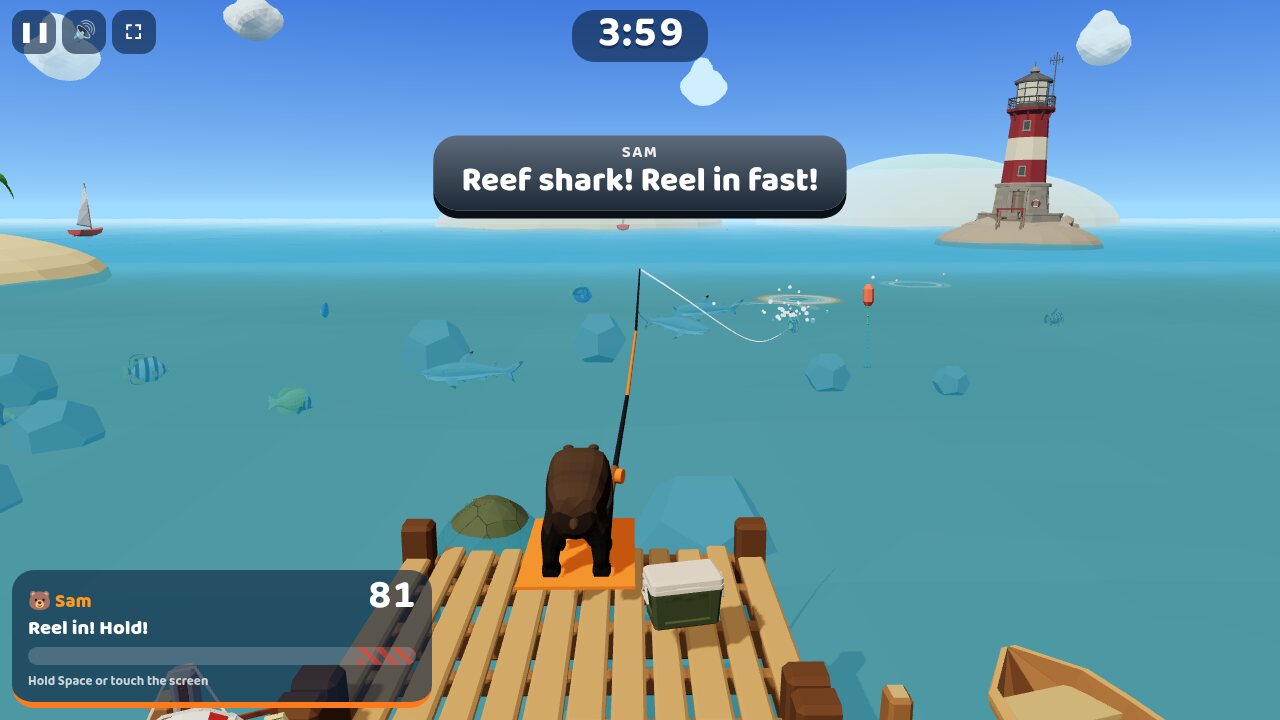 A reef shark swims at the fish on the bear's line, and the banner says to reel in fast