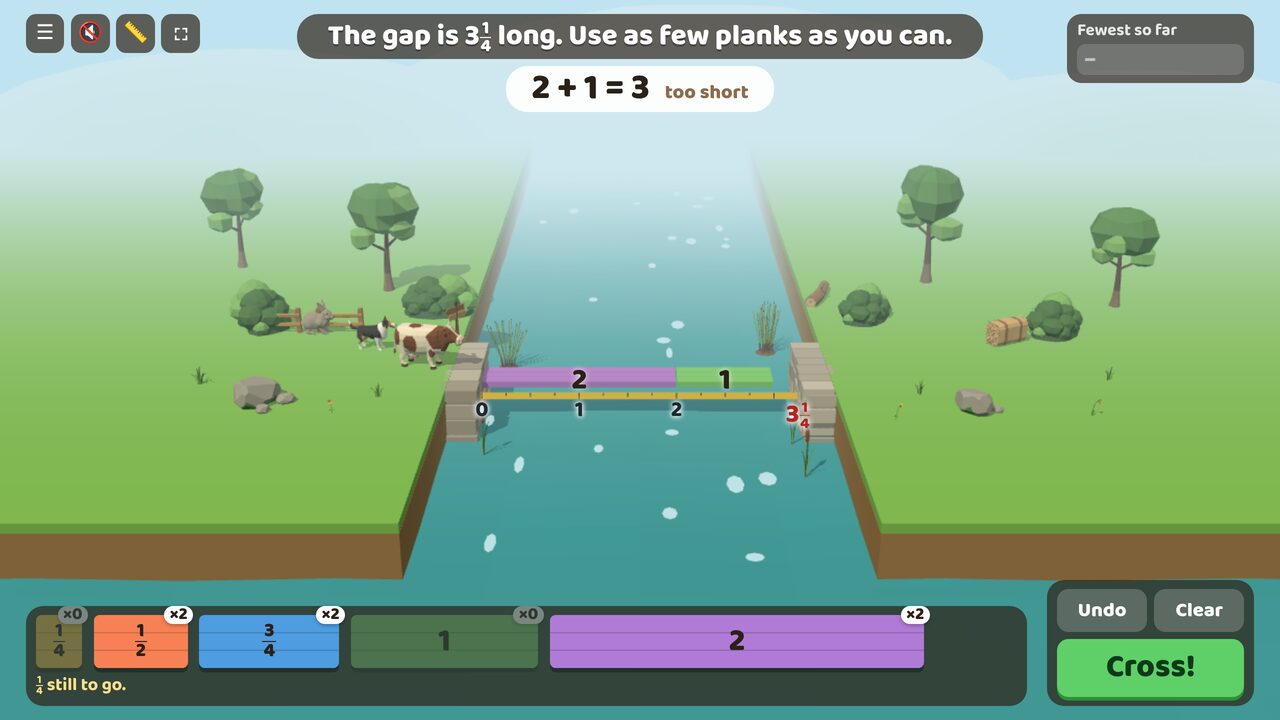 Fewest planks: 2 + 1 leaves ¼ to go and there are no quarter planks left