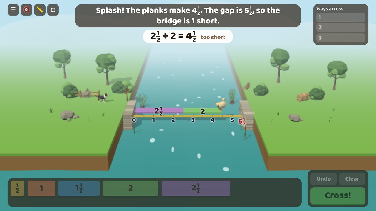 A bridge of 4½ is 1 short of the 5½ gap, so the duck falls in