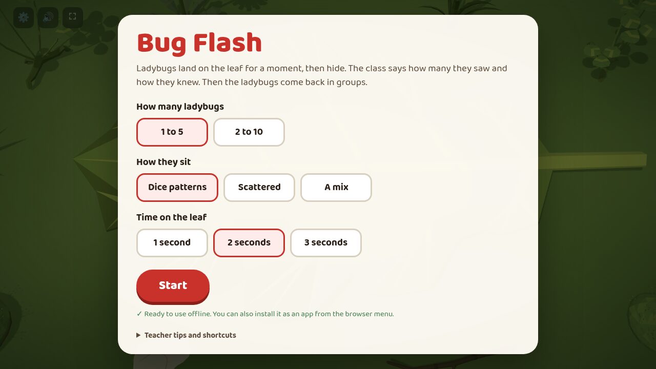 Setup menu: how many ladybugs, how they sit and how long they stay
