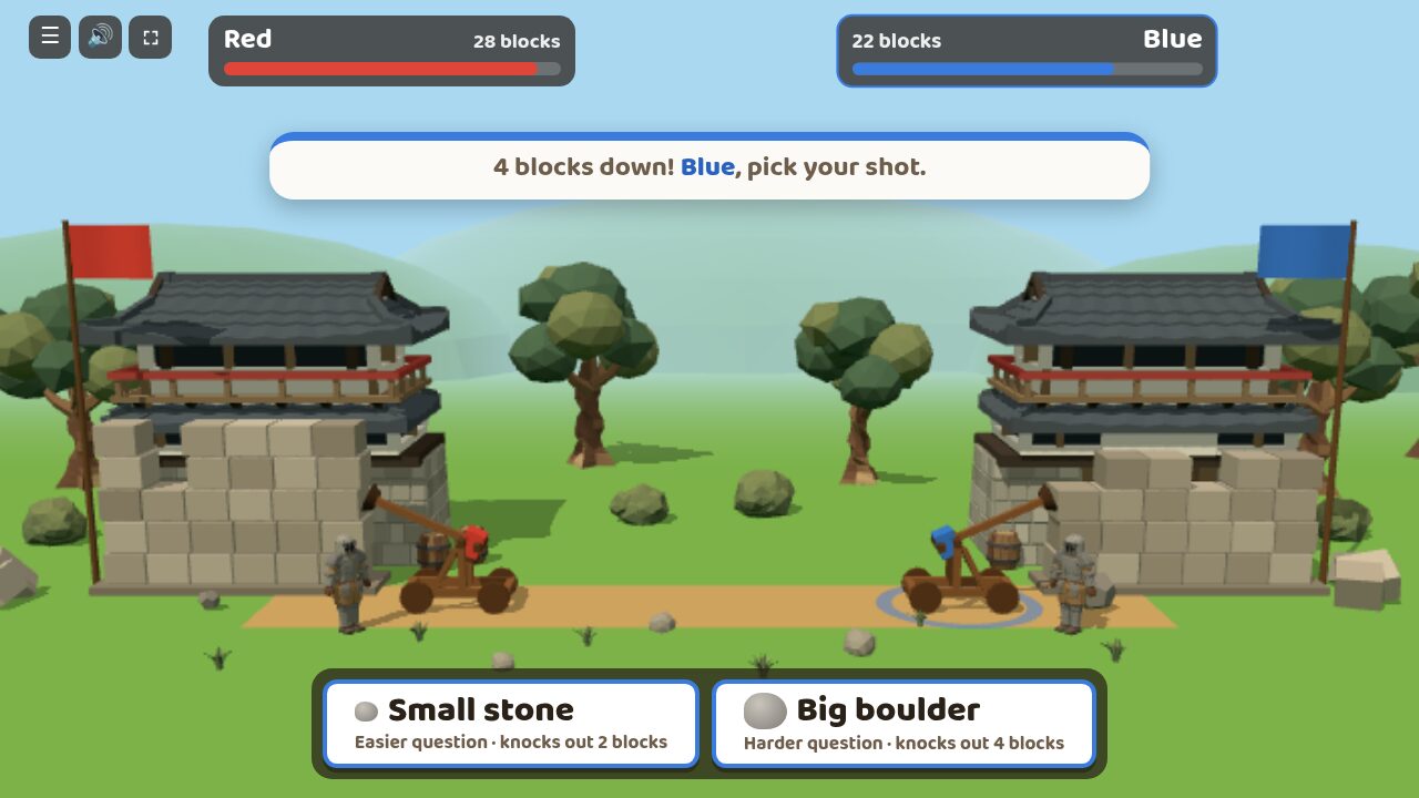 Blue's turn. Two buttons: a small stone for an easier question, a big boulder for a harder one