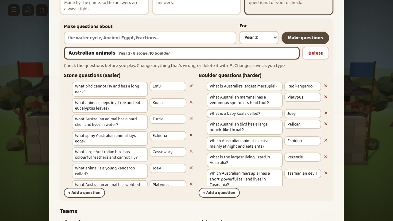 Questions about Australian animals for Year 2, in two lists the teacher can edit before playing