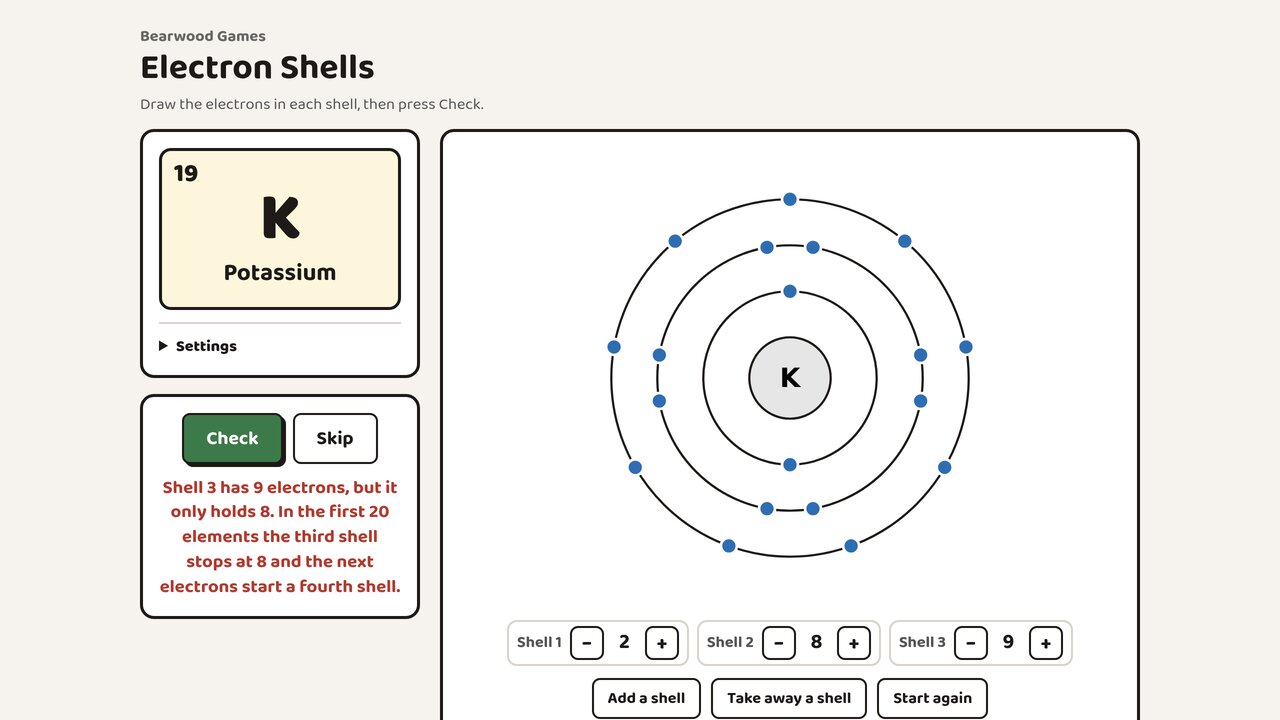 Potassium drawn as 2, 8, 9, with a hint that the third shell only holds 8