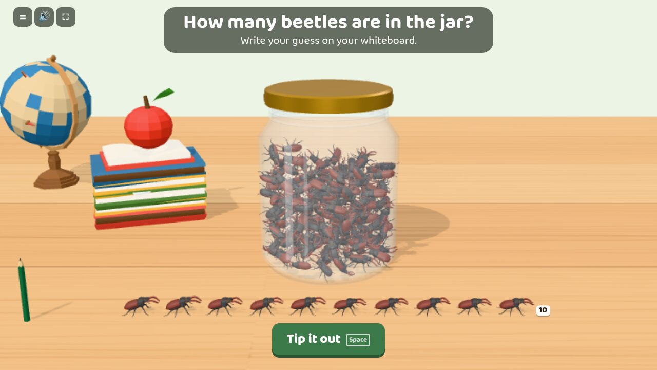 A jar of beetles with a row of 10 beside it to compare