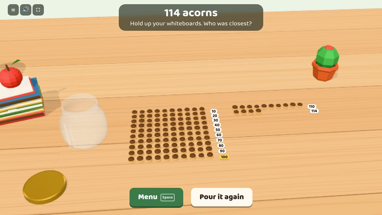 114 acorns counted out in rows of ten