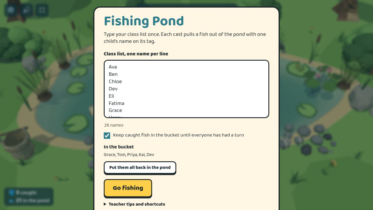 Setup menu: the class list and the bucket option