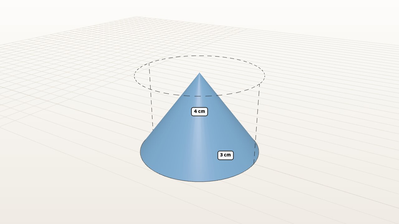 A cone full of water inside a dashed cylinder of the same height and radius