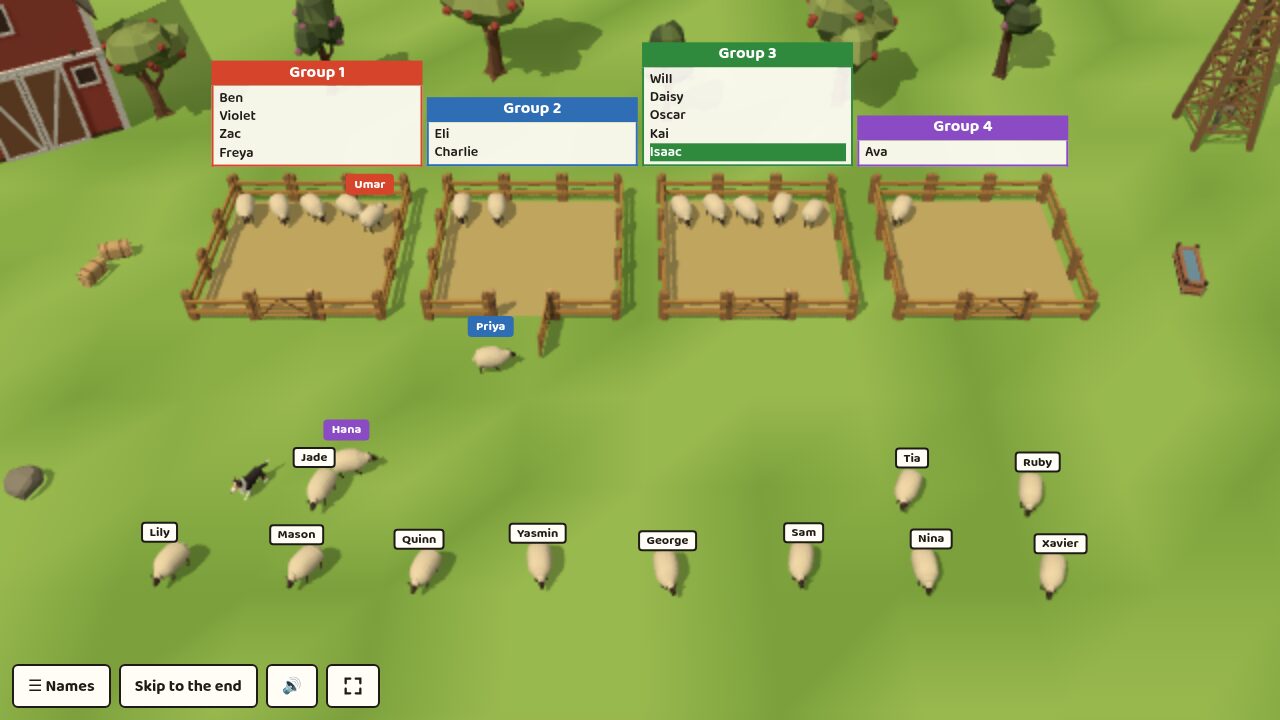 Sheep going into their pens, with each name added to the card above