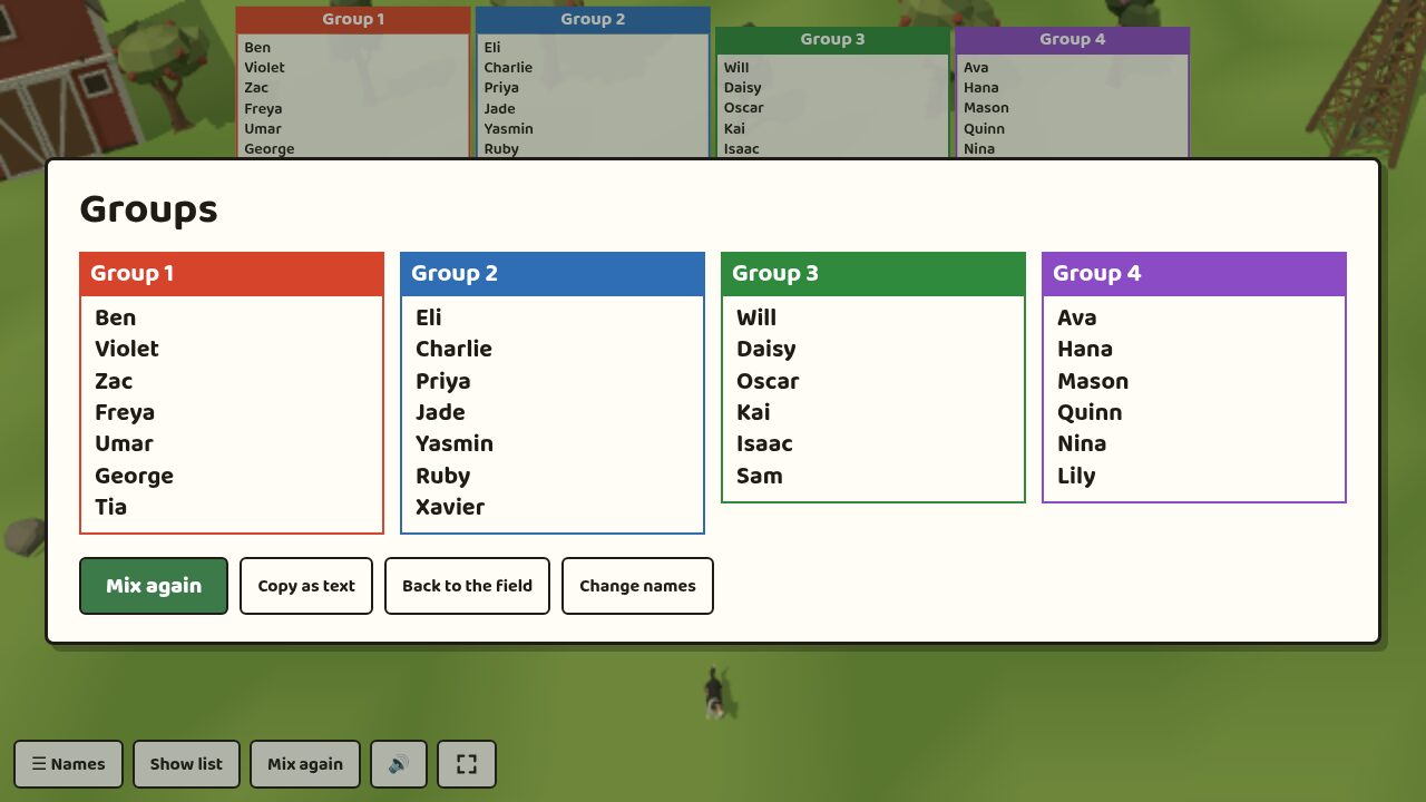 The groups shown as a large list