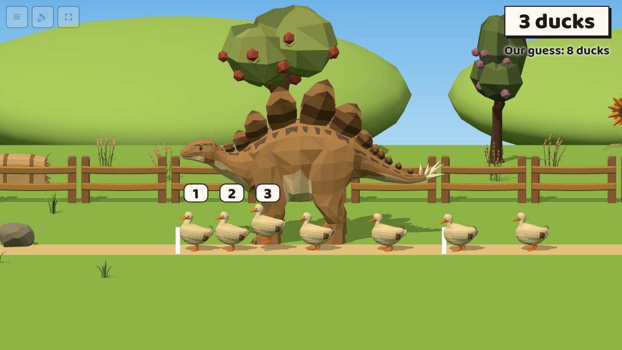 Ducks lining up beside a Stegosaurus, three counted so far