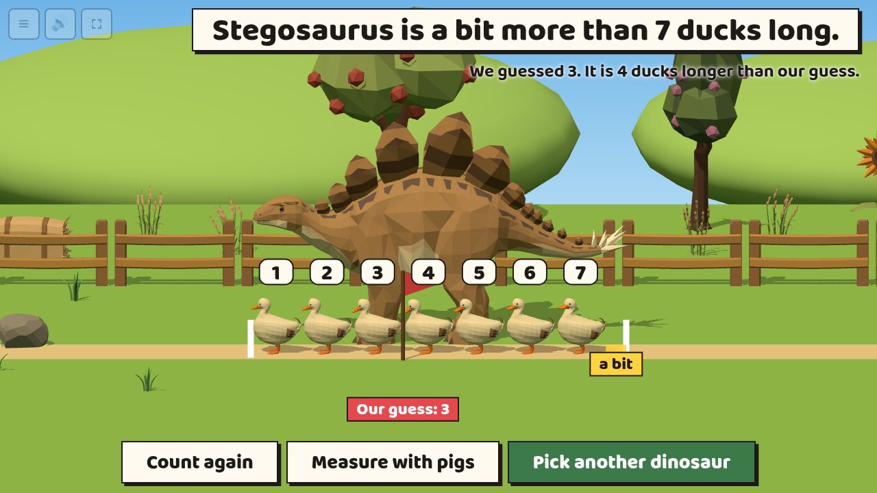 Stegosaurus is a bit more than 7 ducks long, with the class guess marked by a flag