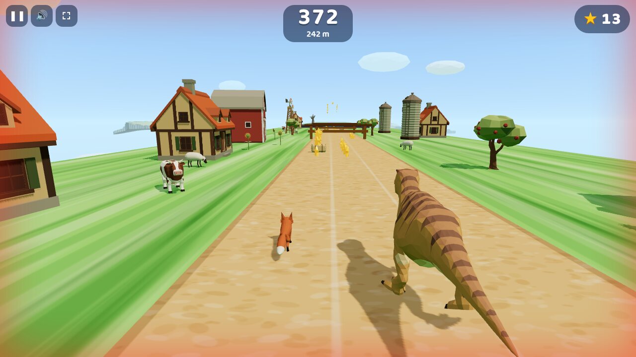 The T. rex runs right behind the fox after it bumped into something