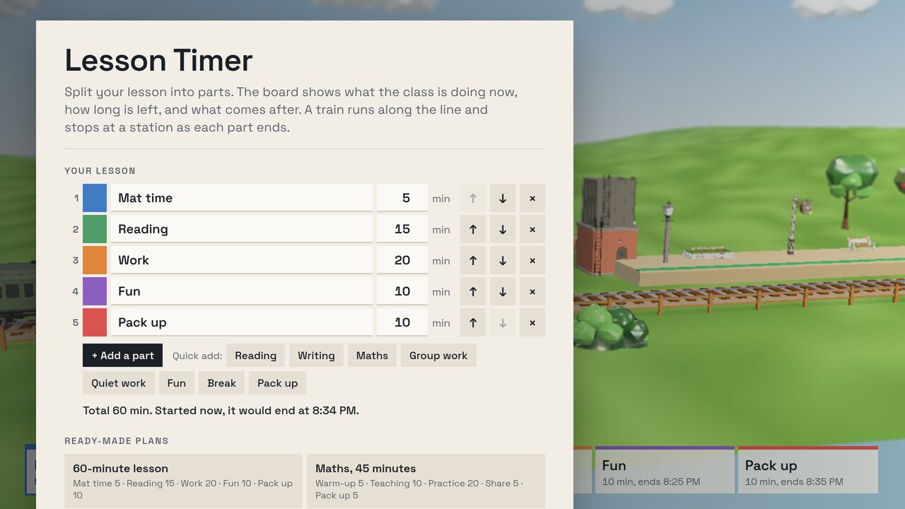Menu: the lesson's parts with their names, colours and minutes
