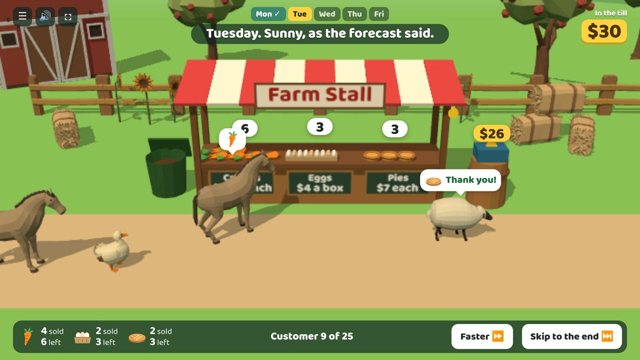 A horse buys carrots and a sheep buys a pie at the farm stall