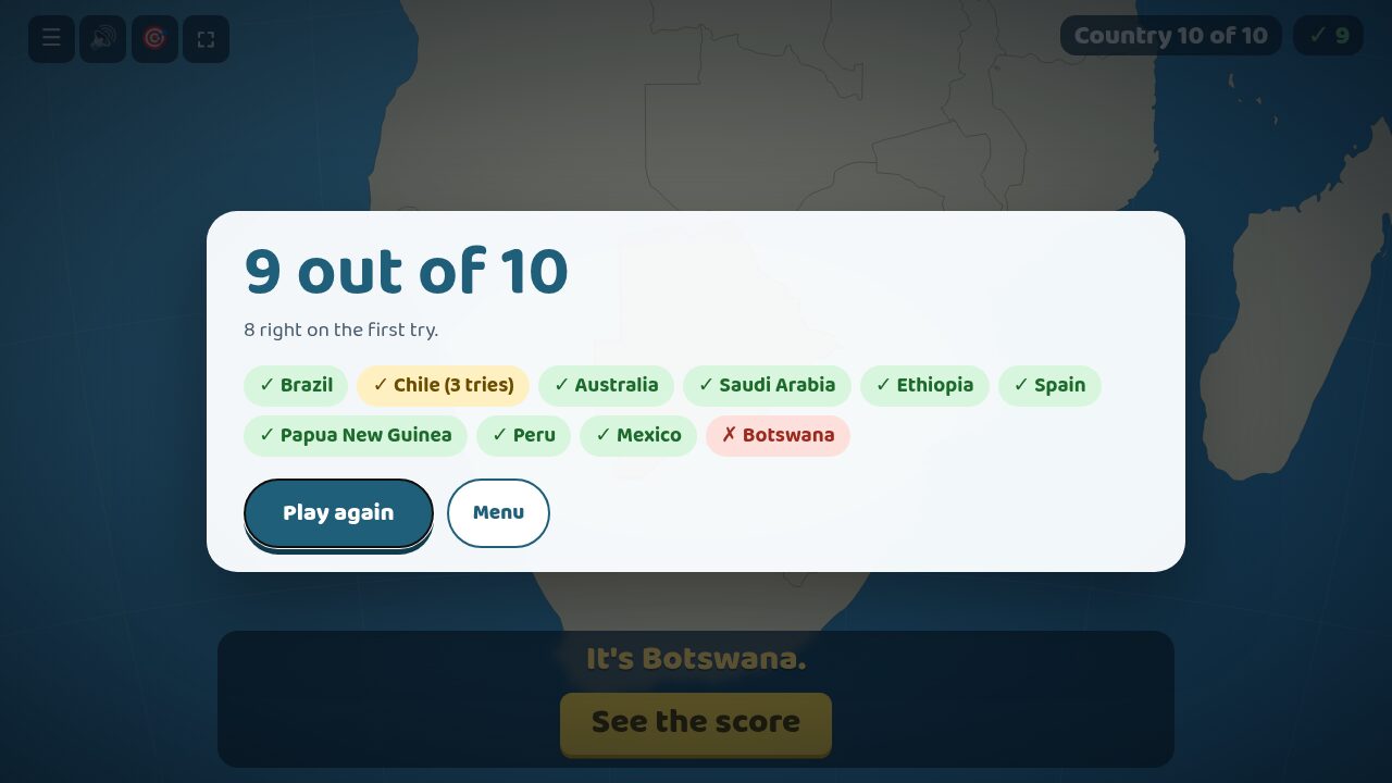 End of the round: 9 out of 10, with a list of the countries