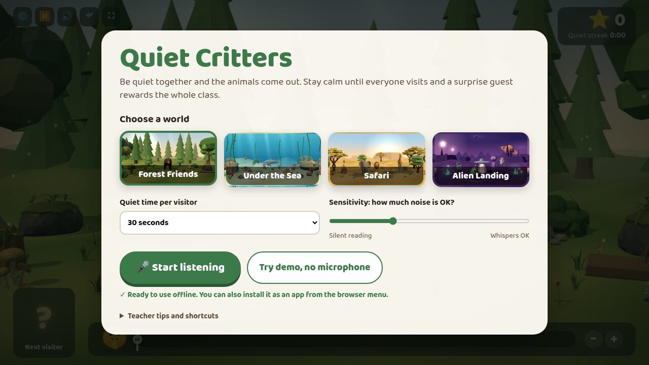 Setup menu: choose a world, quiet time and sensitivity