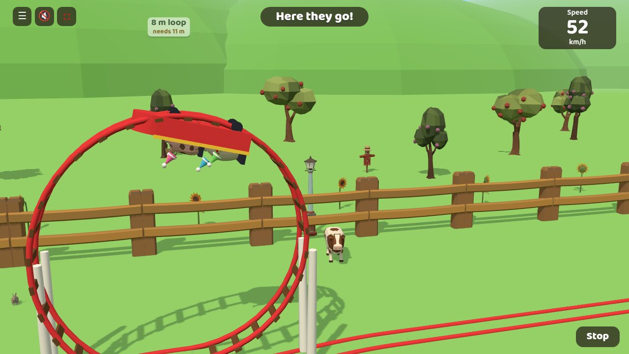 The cart upside down at the top of the 8 m loop, the animals' party hats pointing at the ground
