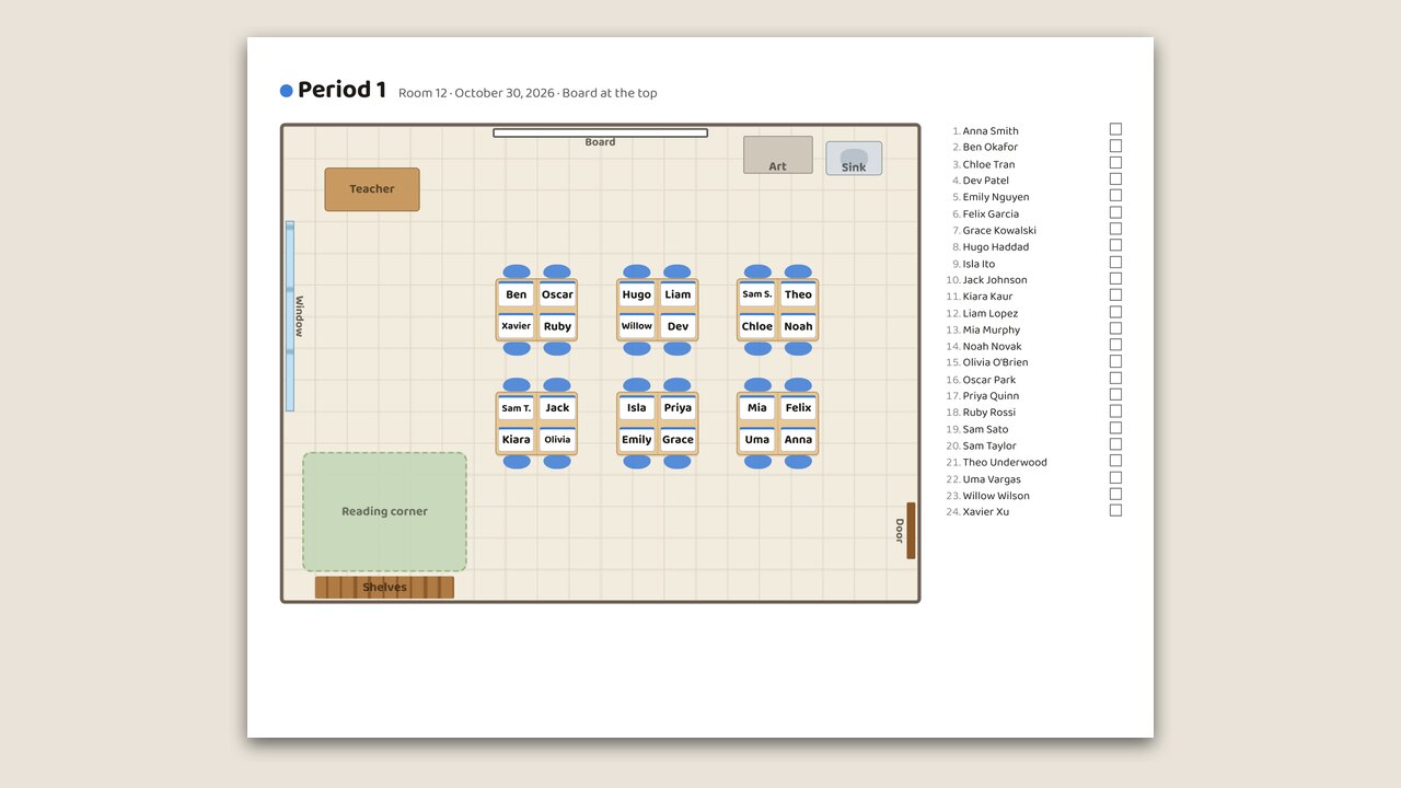 A printed page: the plan for Period 1 in Room 12, with an A to Z list of names and tick boxes