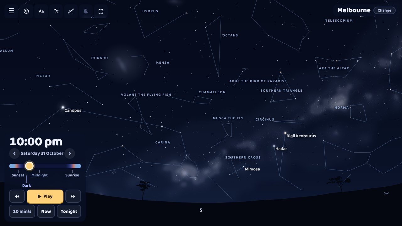 Looking south from Melbourne at 10 pm in late October: the Southern Cross and the Pointers low above the hills, the Large Magellanic Cloud higher up