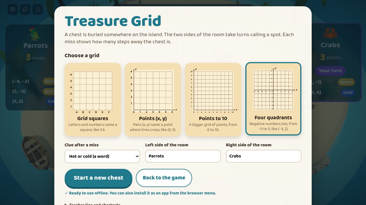 Menu: choose a grid, the clue type and team names